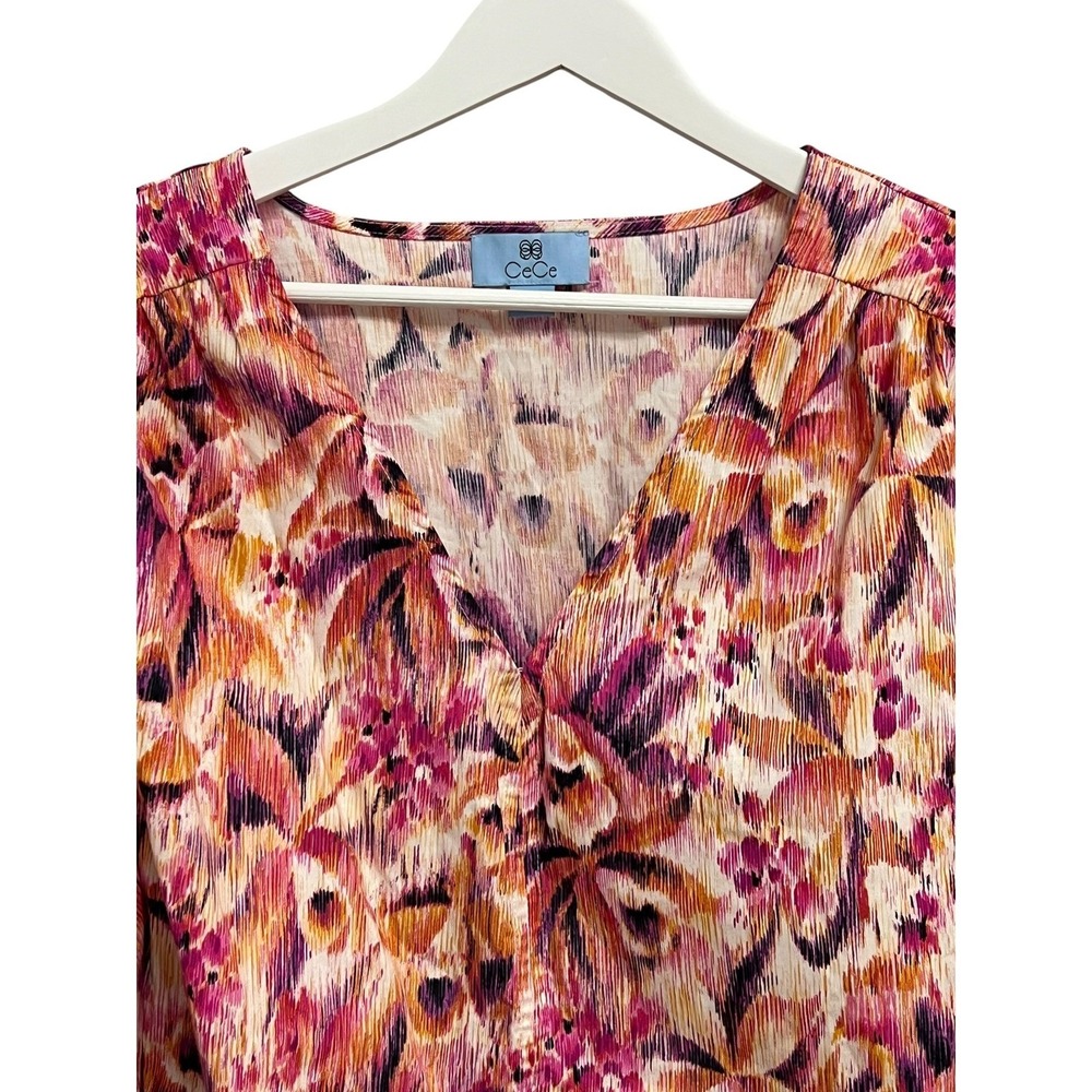 CeCe Puff Sleeve Top Womens 3X Pink Orange Floral V-Neck Abstract Feminine NEW - Picture 3 of 7